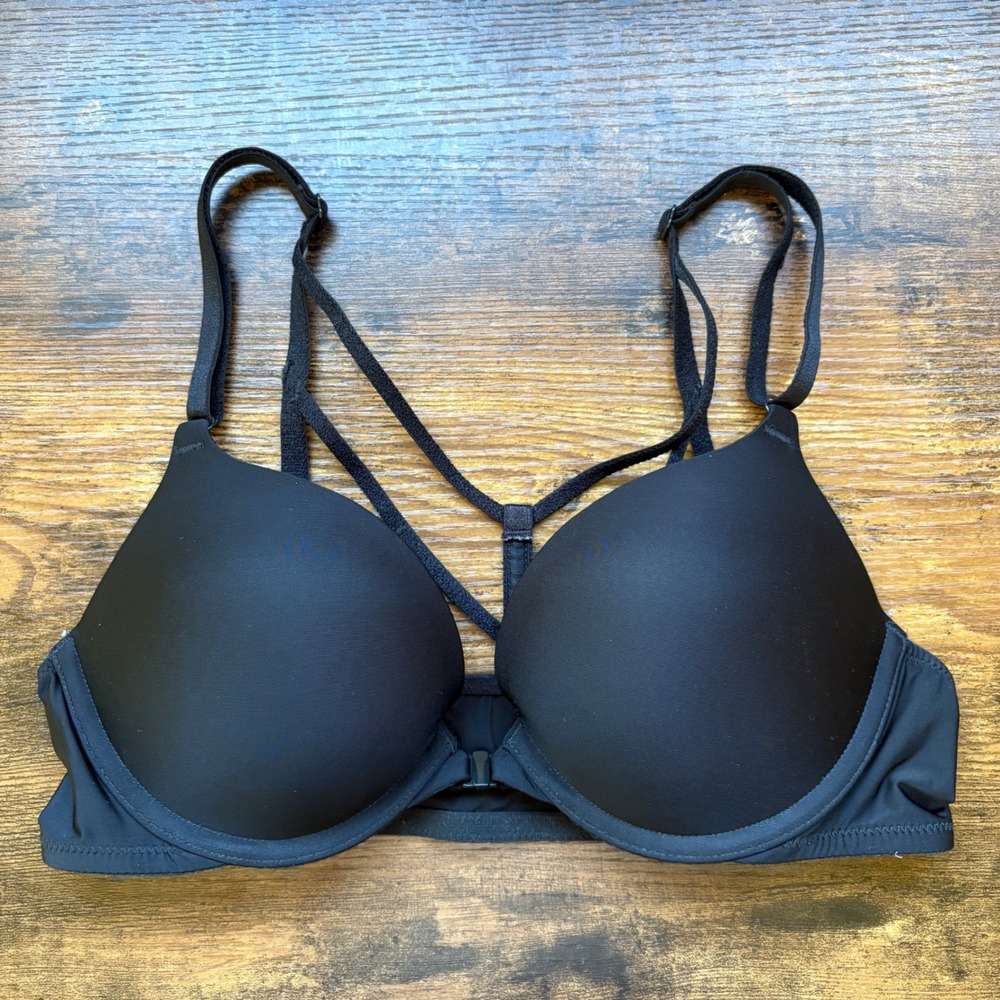 Victorias Secret Black Front Close Push Up Racerback Strappy Cage Bra 34B